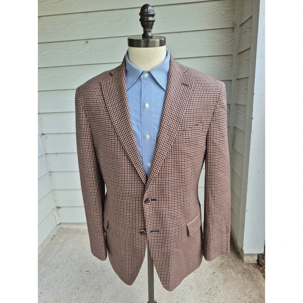 Jos. A. Bank 1905 Sport Coat‎ Mens 42R Wool Houndstooth Blazer Burgundy Tan Navy